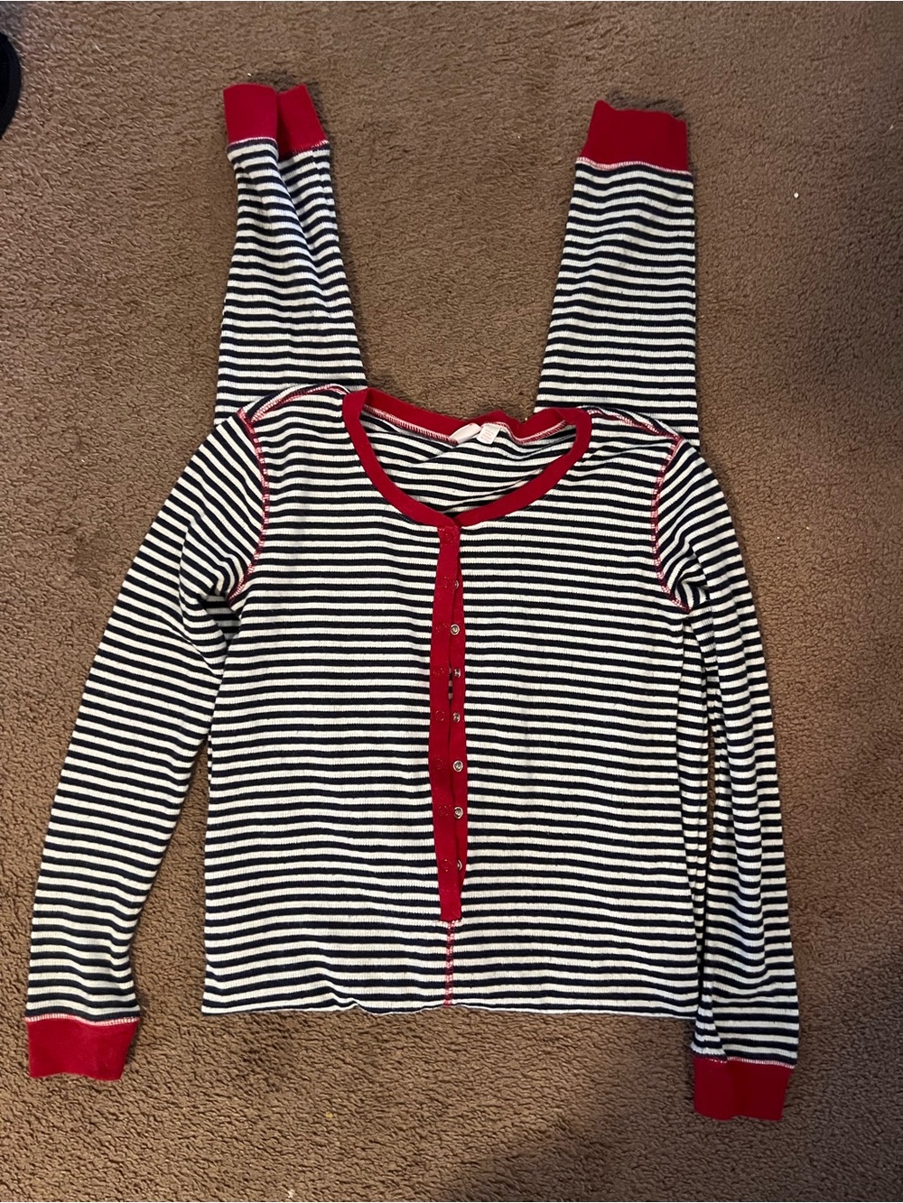Make + Model Black & White Striped  Pajamas with Red Trim